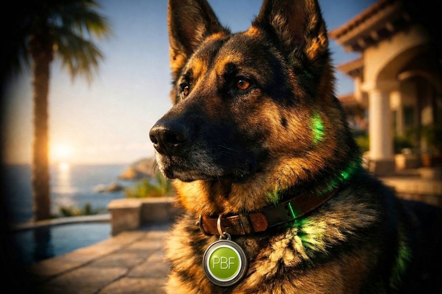 Seguro Anti-Okupas en España – PBF Seguros Perro guardián pastor alemán con placa luminosa de PBF Seguros en una terraza, simbolizando la protección del seguro anti-okupas en España.